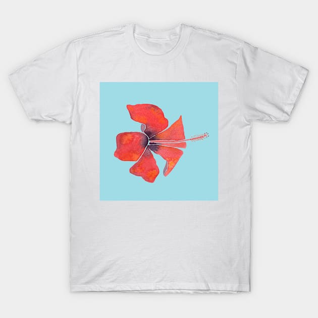 Red Hibiscus Tropical Watercolor Illustration with a blue background T-Shirt by Sandraartist